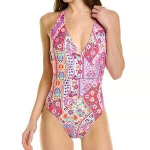NANETTE LEPORE Plunging V-neck Halter Print One-Piece Moderate Swimsuit Size 10